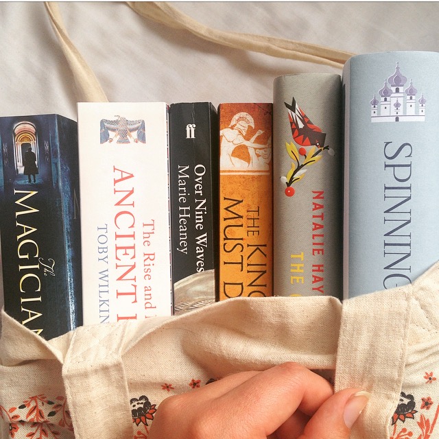Bag of books - the magicians by Lev Grossman, The Rise and Fall of Ancient Egypt by Toby Wilkinson, Over Nine Waves by Marie Heaney, The King Must Die by Mary Renault, The Children of Jocasta by Natalie Haynes, Spinning Silver